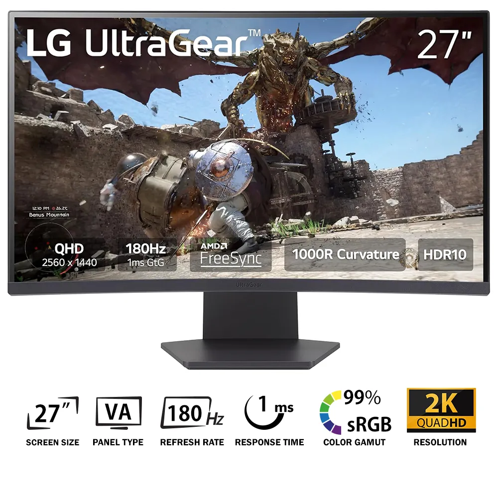 LG 27GS60QC-B Ultragear Curved-0 LG UltraGear 27" 27GS60QC-B 180Hz VA 1MS HDR10 Curved QHD - Image 1