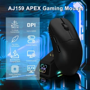 AJAZZ AJ159 APEX 8K Wireless, Magnetic Charging Dock with Screen, Pixart PAW3950 Sensor, Up to 42000DPI, 56g Ultralight, 100 Million Clicks HUANO Switch, Tri-Mode Mouse, BK - Image 6