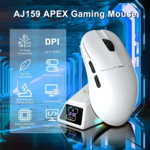 AJAZZ AJ159 APEX 8K Wireless, Magnetic Charging Dock with Screen, Pixart PAW3950 Sensor, Up to 42000DPI, 56g Ultralight, 100 Million Clicks HUANO Switch, Tri-Mode Mouse, WH - Image 3