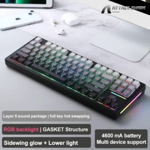 ATTACK SHARK M87 PRO Wireless,Hot Swappable Gasket RGB Custom Keyboard,Linear Switch&Side Printed PBT Keycaps,BT5.0/2.4Ghz/Type-C,5000mAh Battery (Moonlight) - Image 4