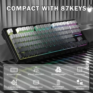 ATTACK SHARK M87 PRO Wireless,Hot Swappable Gasket RGB Custom Keyboard,Linear Switch&Side Printed PBT Keycaps,BT5.0/2.4Ghz/Type-C,5000mAh Battery (Moonlight) - Image 6