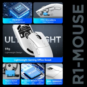 Mouse ATTACK SHARK R1 Wireless ,Tri-Mode Connection (2.4G/Wired/BT5.2),59g SUPERLIGHT, PixArt PAW3311 WH - Image 3