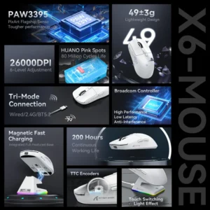 Mouse ATTACK SHARK X6 Lightweight Wireless PixArt PAW3395  Tri-Mode Connection Up to 26K DPI RGB Touch Magnetic Charging Base BK - Image 3