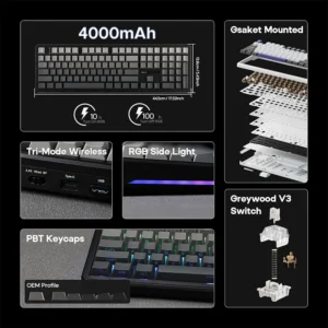 AULA F108 Wireless, Full Size with 4000mAh Battery, 108 Hot-Swappable and Programmable Keys, RGB Backlight BK/GREY - Image 19