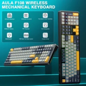 AULA F108 Wireless, Full Size with 4000mAh Battery, 108 Hot-Swappable and Programmable Keys, RGB Backlight Grey/Yellow - Image 12
