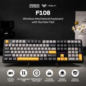 AULA F108 Wireless, Full Size with 4000mAh Battery, 108 Hot-Swappable and Programmable Keys, RGB Backlight Grey/Yellow - Image 2