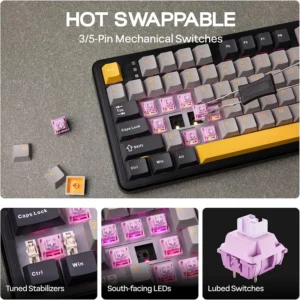 AULA F108 Wireless, Full Size with 4000mAh Battery, 108 Hot-Swappable and Programmable Keys, RGB Backlight Grey/Yellow - Image 15