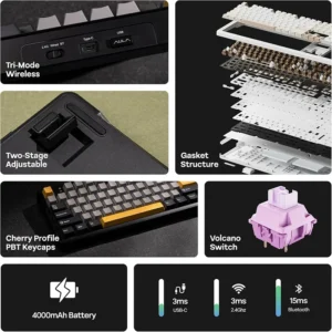 AULA F108 Wireless, Full Size with 4000mAh Battery, 108 Hot-Swappable and Programmable Keys, RGB Backlight Grey/Yellow - Image 16