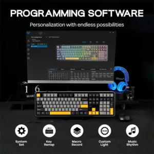 AULA F108 Wireless, Full Size with 4000mAh Battery, 108 Hot-Swappable and Programmable Keys, RGB Backlight Grey/Yellow - Image 17