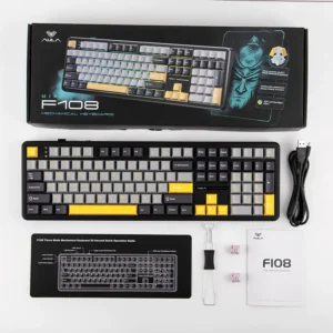 AULA F108 Wireless, Full Size with 4000mAh Battery, 108 Hot-Swappable and Programmable Keys, RGB Backlight Grey/Yellow - Image 11