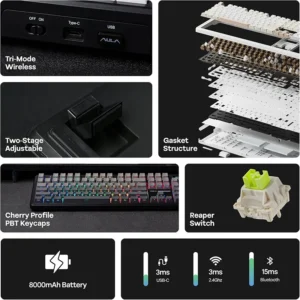 AULA F108 PRO Tri-Mode Connectivity,Hot Swappable with 8000mAh Battery,Pre-lubed Switches,RGB Backlit,PBT Keycaps,104 Keys - Image 18