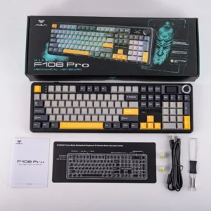 AULA F108 PRO Tri-Mode Connectivity,Hot Swappable with 8000mAh Battery,Pre-lubed Switches,RGB Backlit,PBT Keycaps,104 Keys GREY-YELLOW - Image 3