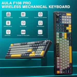 AULA F108 PRO Tri-Mode Connectivity,Hot Swappable with 8000mAh Battery,Pre-lubed Switches,RGB Backlit,PBT Keycaps,104 Keys GREY-YELLOW - Image 2