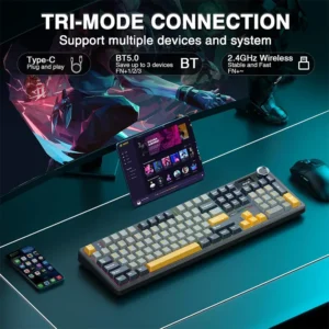 AULA F108 PRO Tri-Mode Connectivity,Hot Swappable with 8000mAh Battery,Pre-lubed Switches,RGB Backlit,PBT Keycaps,104 Keys GREY-YELLOW - Image 4