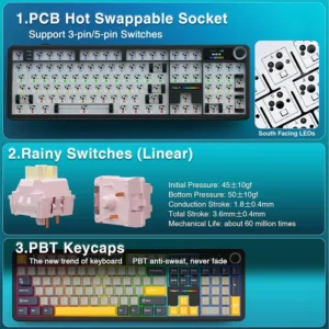 AULA F108 PRO Tri-Mode Connectivity,Hot Swappable with 8000mAh Battery,Pre-lubed Switches,RGB Backlit,PBT Keycaps,104 Keys GREY-YELLOW - Image 8