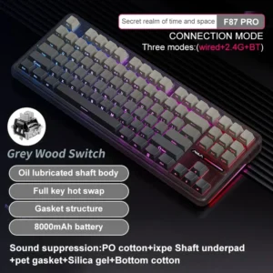 AULA F87 Pro Wireless,Tri-Mode BT5.0/2.4GHz/USB-C Hot Swappable Custom Keyboard,Pre-lubed Switches,75% BK-GREY - Image 2