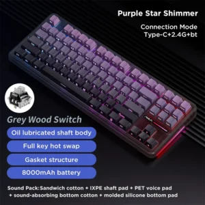 AULA F87 Pro Wireless,Tri-Mode BT5.0/2.4GHz/USB-C Hot Swappable Custom Keyboard,Pre-lubed Switches,75% BK-PURPLE STAR - Image 2
