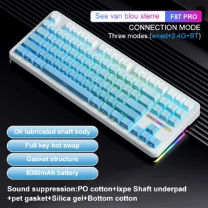 AULA F87 Pro Wireless,Tri-Mode BT5.0/2.4GHz/USB-C Hot Swappable Custom Keyboard,Pre-lubed Switches,75% BLUE - Image 2