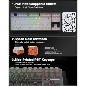 AULA F87 Pro Wireless,Tri-Mode BT5.0/2.4GHz/USB-C Hot Swappable Custom Keyboard,Pre-lubed Switches,75% BK-GREY - Image 12