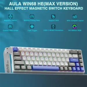 AULA WIN68 HE MAX VERSION 65%, Wing Chun Magnetic Switch Hot Swappable, Adjustable Actuation Rapid Trigger Mode, 8000 Hz Polling Rate BLUE/WHITE/GREY - Image 4