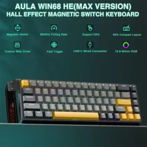 AULA WIN68 HE MAX VERSION 65%, Wing Chun Magnetic Switch Hot Swappable, Adjustable Actuation Rapid Trigger Mode, 8000 Hz Polling Rate GREY/YELLOW - Image 2