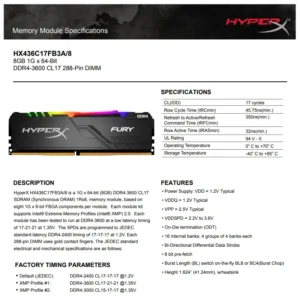 RAM Kingston HyperX Fury (HX436C17FB3A/8) 8GB 3600MHz DDR4 CL17 RGB - Image 2
